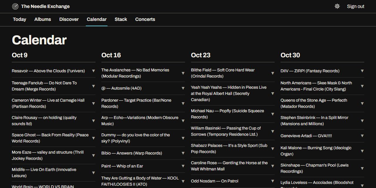 The Calendar page: upcoming albums in columns by release week, each with the artist, title and label.