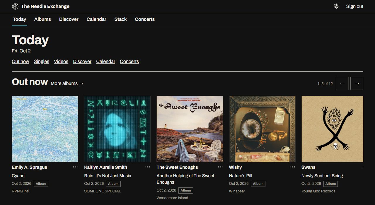 The Today page: new albums from artists the listener plays, as a row of large covers, each with the artist, title, release date and label.