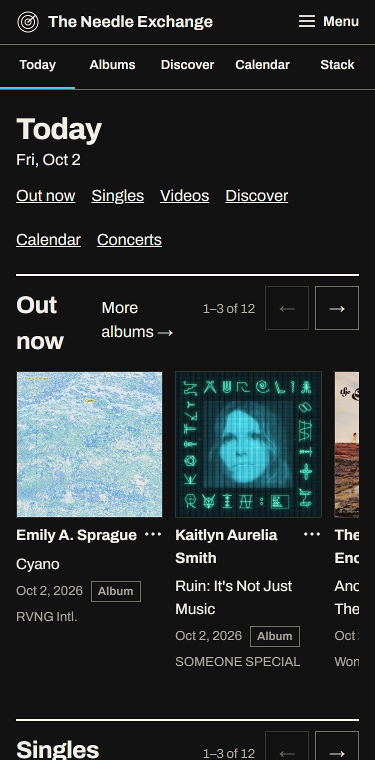 The Today page on a phone: five tabs, then a row of new albums.